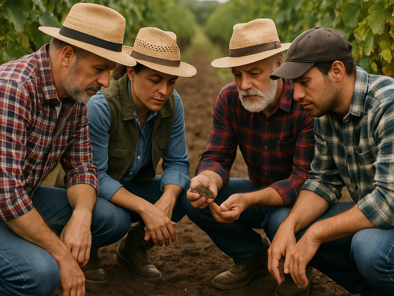 Dos personas en campo evaluando suelo o hojas, gesto colaborativo