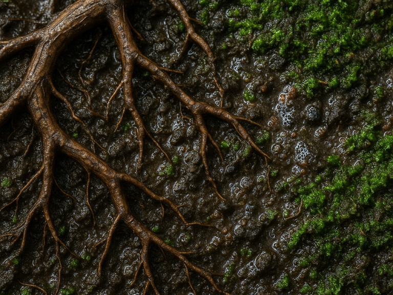 Detalle de suelo con raíces y microorganismos visibles bajo luz natural
